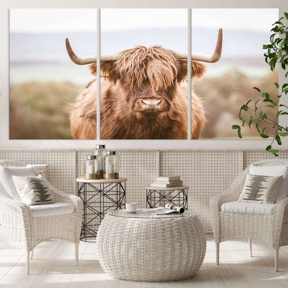 Canvas wall art featuring a Highland cow with long, shaggy fur in natural pastel tones, ready to hang.