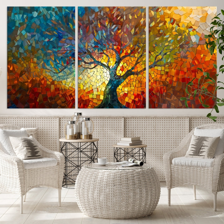 The Yggdrasil Tree of Life Mosaic Stained Glass Wall Art Canvas Print brings a burst of color to any room. Crafted on museum-quality canvas, this artwork enhances the space effortlessly and includes free shipping for your convenience.