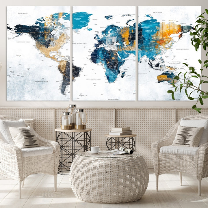 The World Map Turquoise Orange Wall Art Canvas Print, a triptych crafted on museum-quality canvases, adds aesthetic appeal and durability to the space.