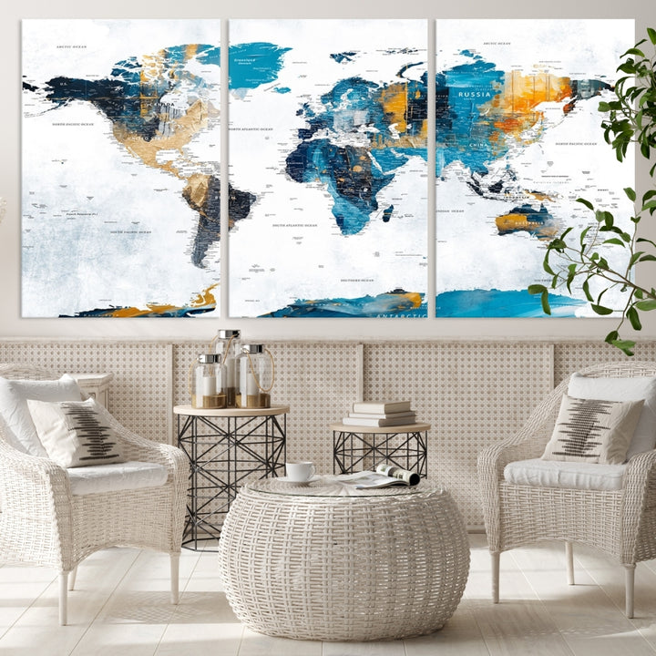 The "Turquoise Orange World Map Canvas Wall Art" showcases striking blue and orange tones. This museum-quality canvas features a UV-protective coating for enhanced durability and vibrant color retention.