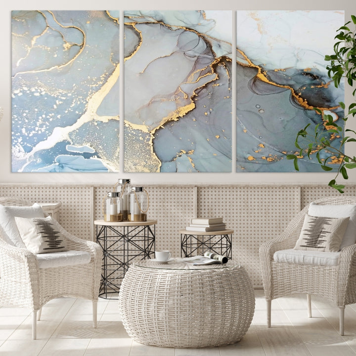 The Marble Texture Canvas Wall Art – Abstract Modern Design with Gold Accents is a perfect choice to enhance your modern space, featuring a triptych design on dark texture.