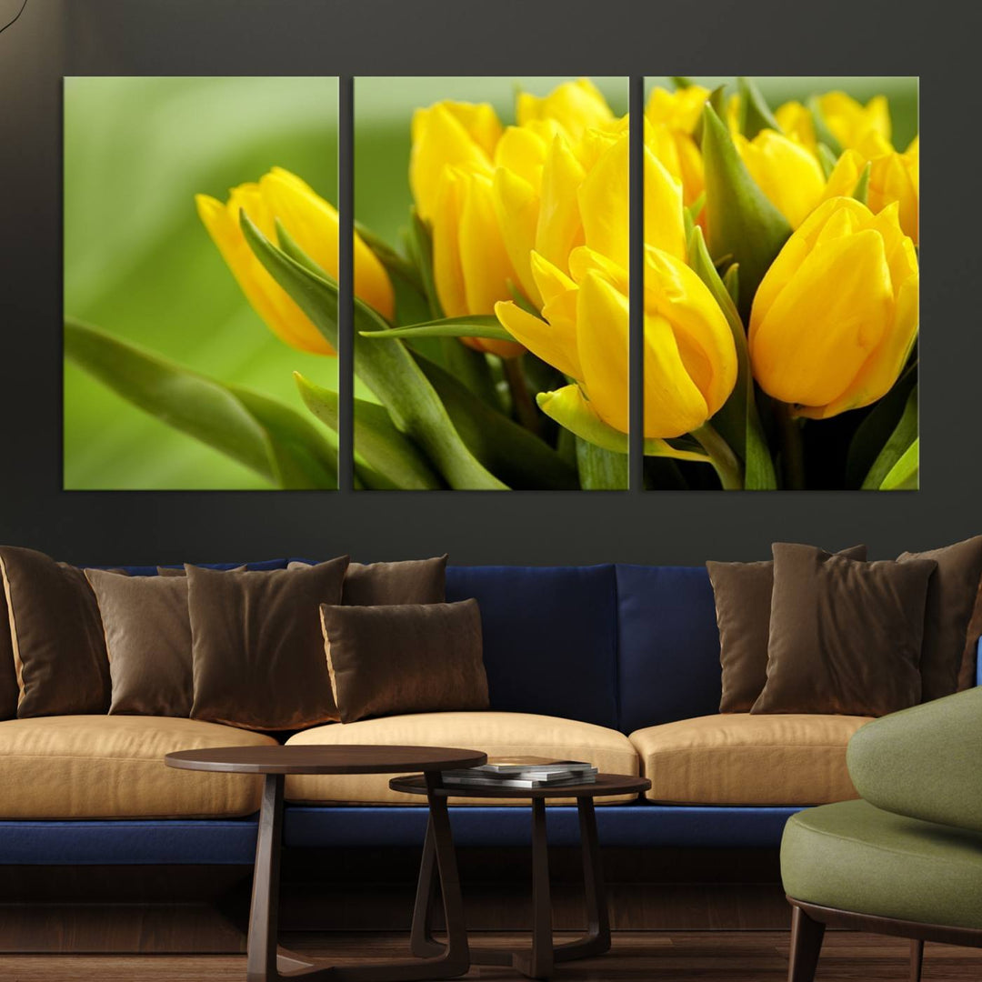 The Wall Art Yellow Tulips Canvas Print on a green background is featured.