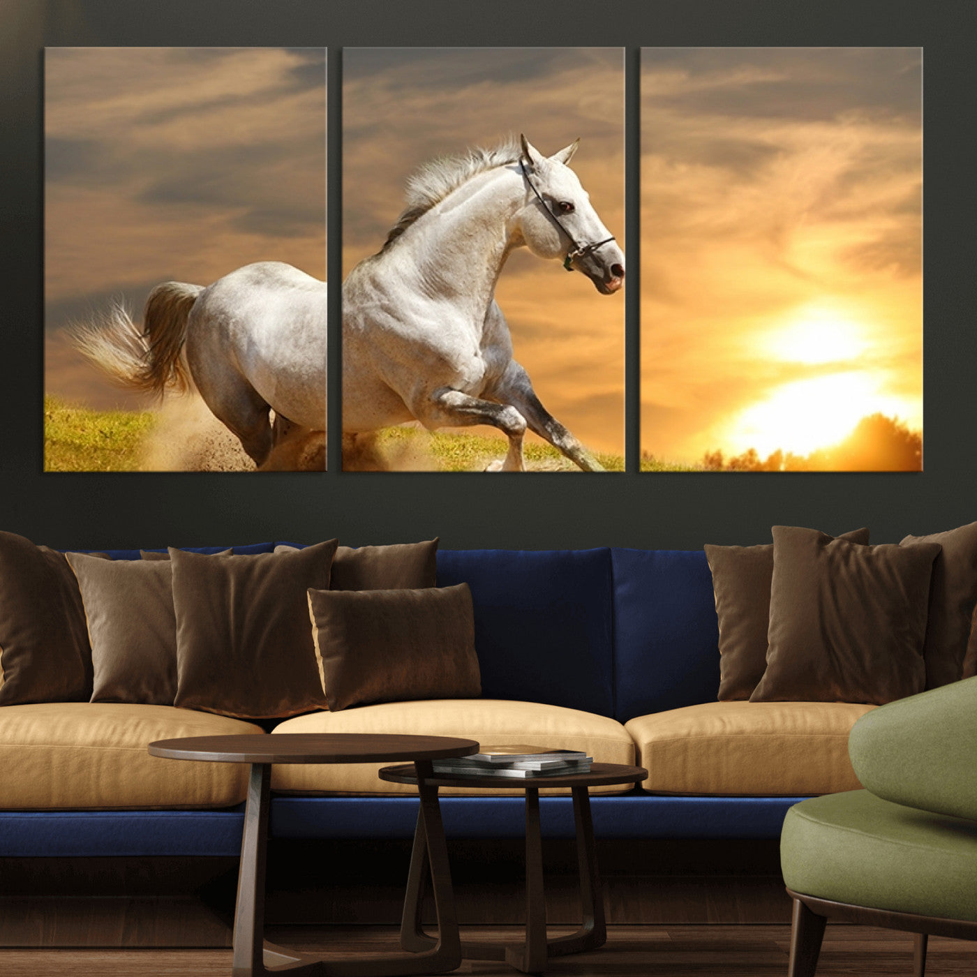 MGV-CV-60X30-3P - Large Wall Art Galloping White Horse at Sunset Canvas Print