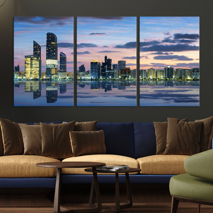 A gallery-quality wall art canvas print captures the Dubai city skyline with skyscrapers reflected in water at sunset.