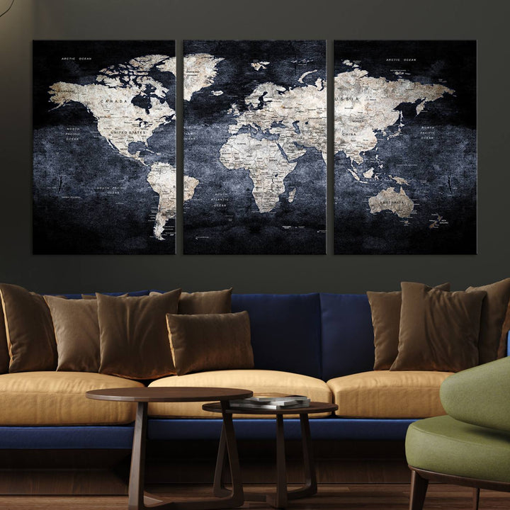 Rustic Black and Bronze World Map Canvas Triptych features white continents on a grunge-stained background.