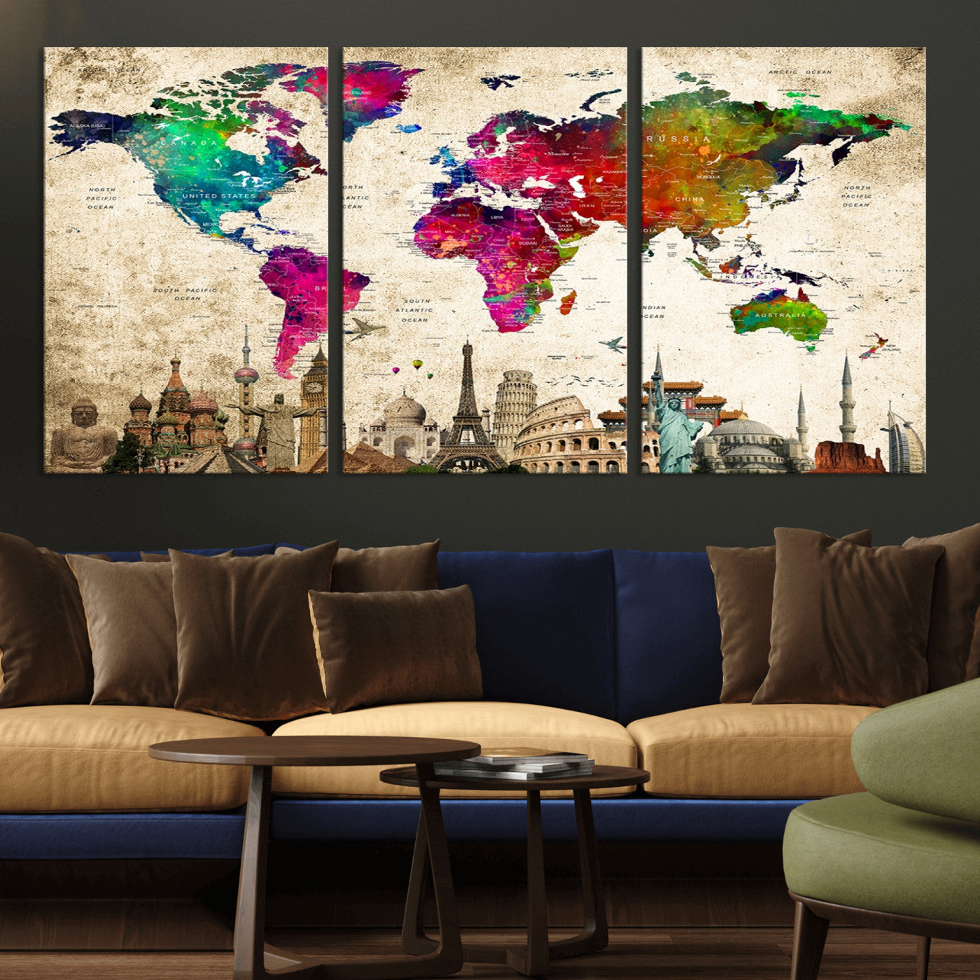 MGV-CV-60X30-3P - Push Pin World Map Canvas Print – Framed Wall Art for Couples to Track Their Travels – Anniversary