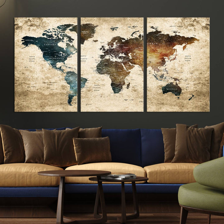 Vintage World Map Canvas Wall Art, perfect for antique-style decor, displayed against a light wood wall.