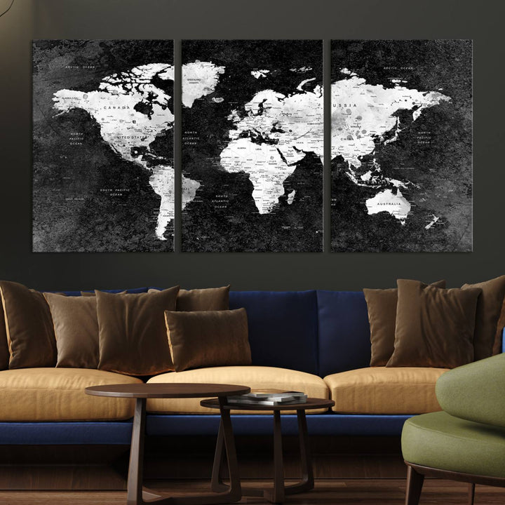 The dining room features a Modern Grayscale World Map 3-Panel Canvas Art as its focal point.