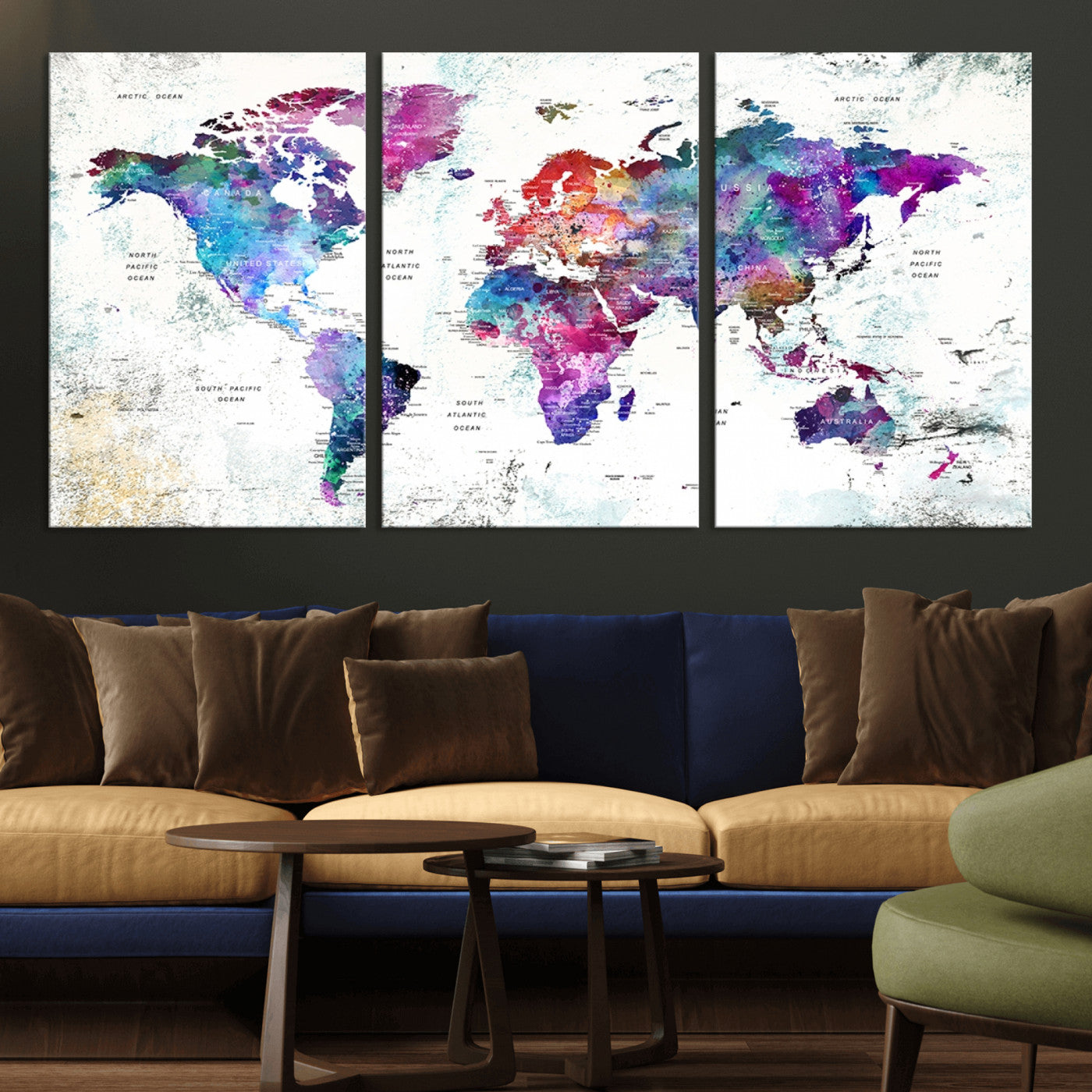 MGV-CV-60X30-3P - Push Pin World Map Canvas Print – Framed Wall Art for Couples to Track Their Travels – Anniversary