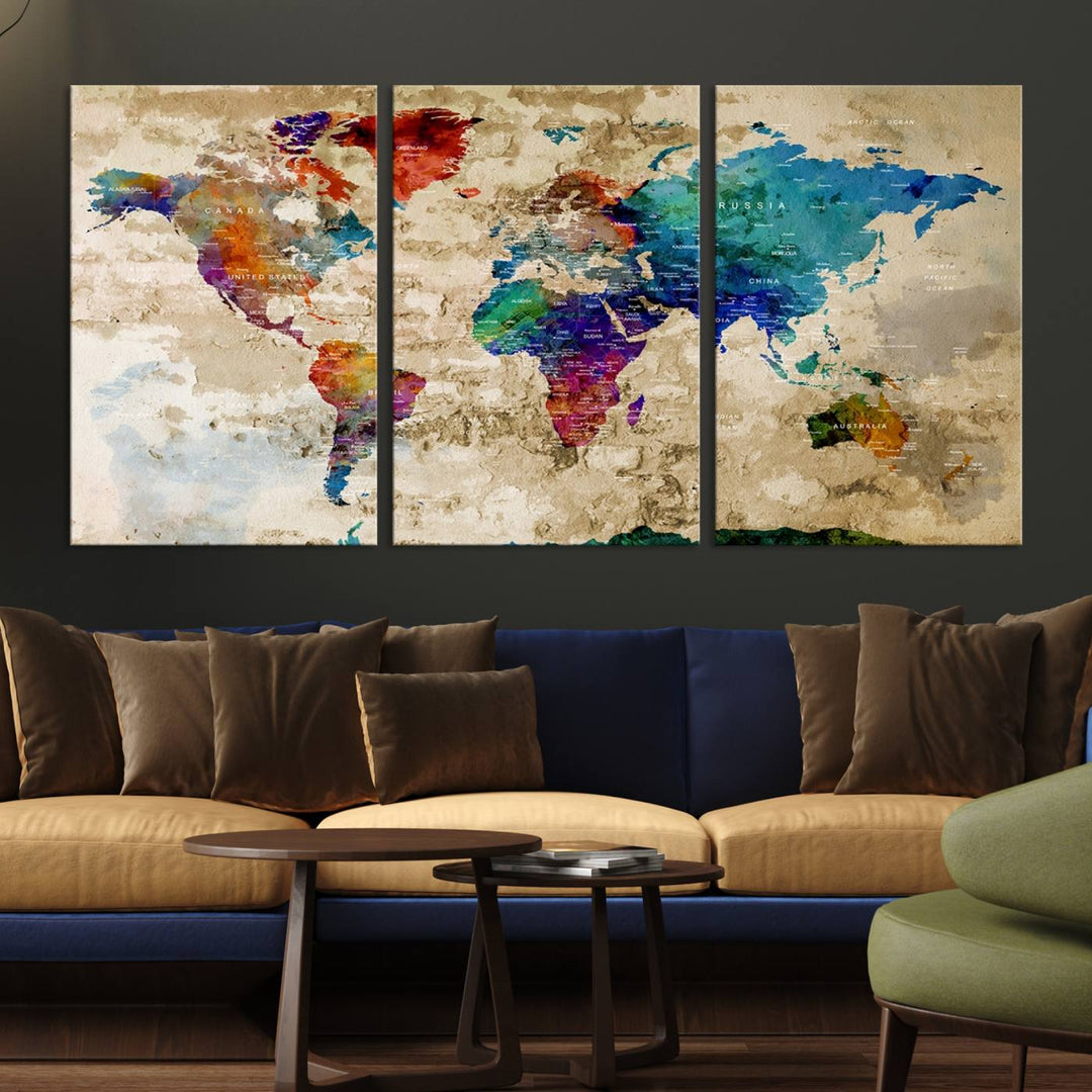 An Abstract Large Watercolor World Map Canvas Print hangs prominently.