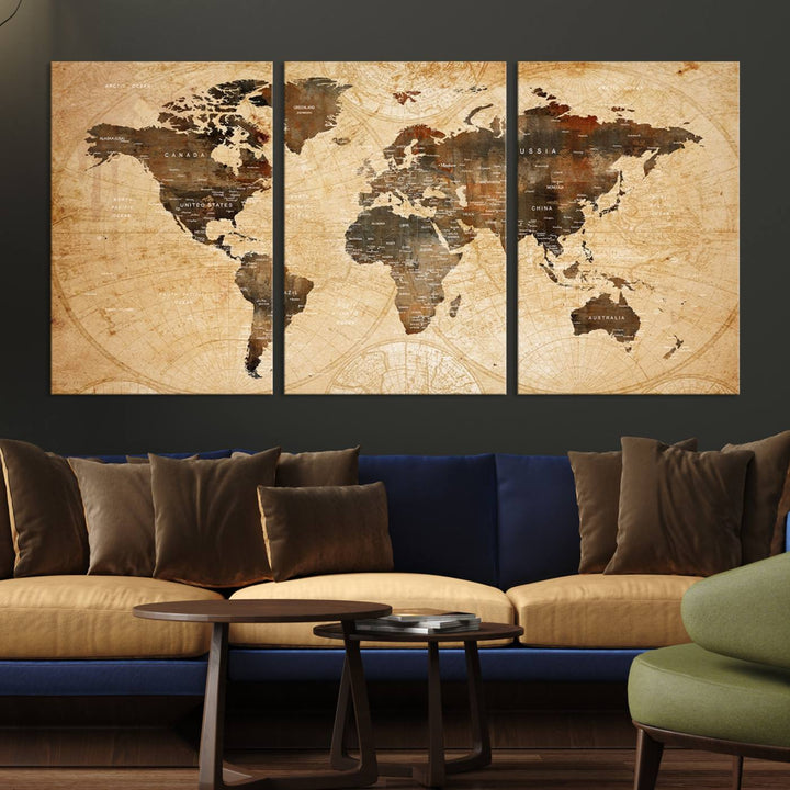 Vintage World Map: 3-Panel Canvas Print in antique rustic style. Framed and gallery wrapped. Ideal for decor.