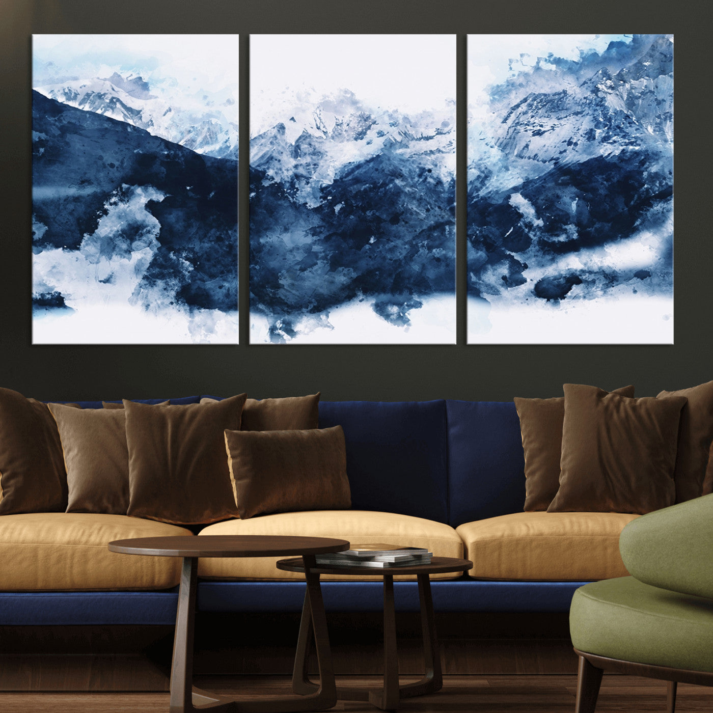 81700-MGV-CV-36X24-Abstract Blue Mountain Canvas Wall Art – Modern Triptych Landscape Print – Contemporary Nature Decor for Living Room or Office – Ready to