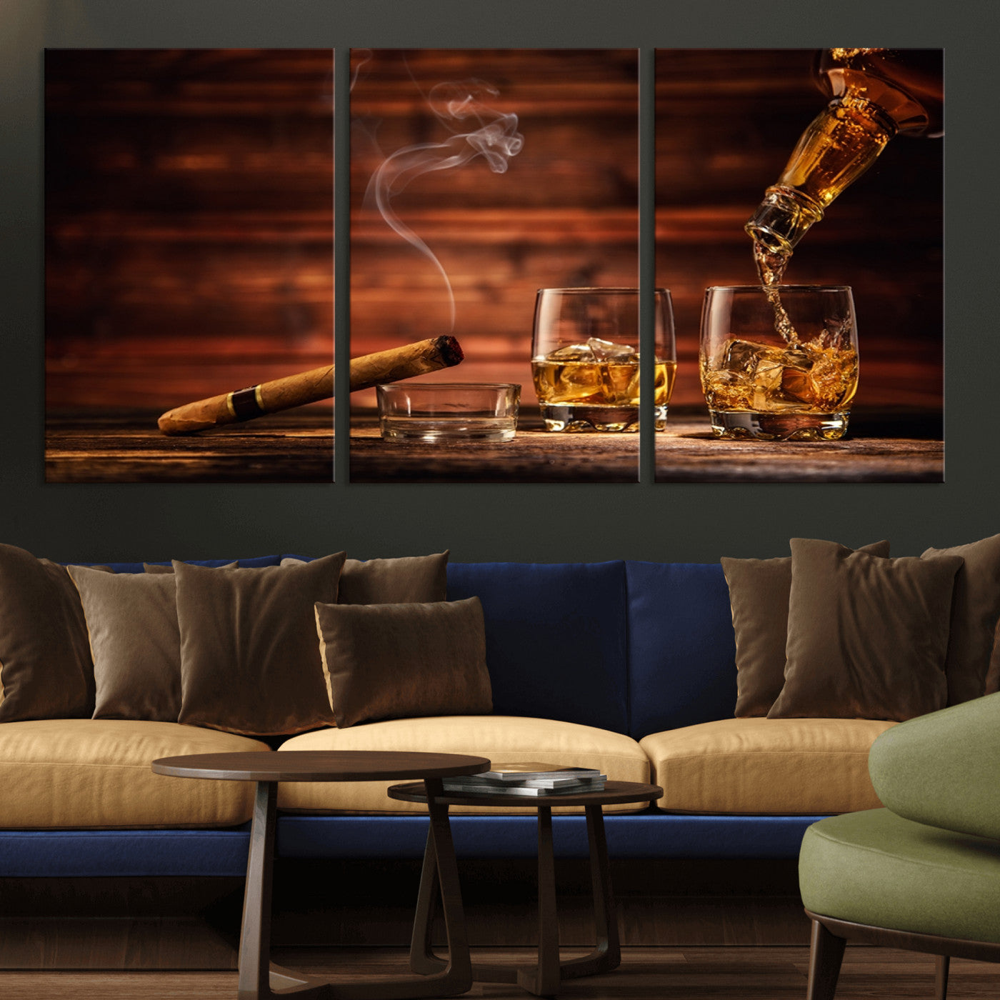 MGV-CV-60X30-3P - Whiskey and Cigar Wall Art Canvas | 3 Panel Bar Room Decor for Home Lounge, Office, or Man Cave |
