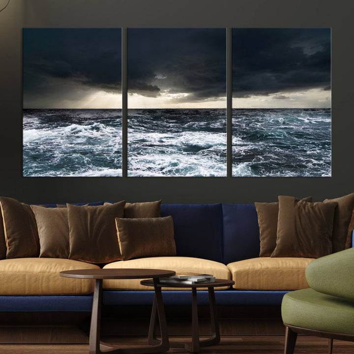 A Dark Clouds Stormy Sea canvas print, ready to hang, enhances the room.