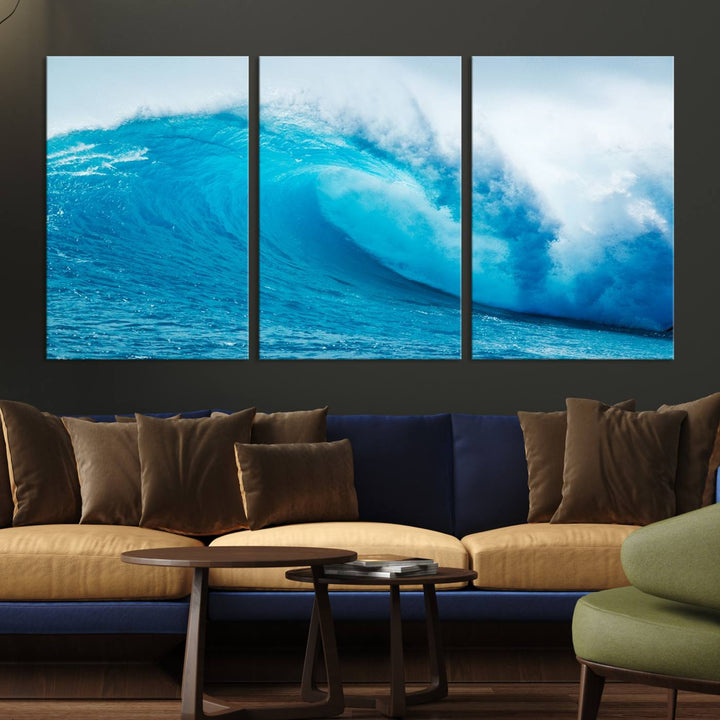 A museum-quality canvas depicting a vibrant blue ocean wave with white foam under a clear sky.