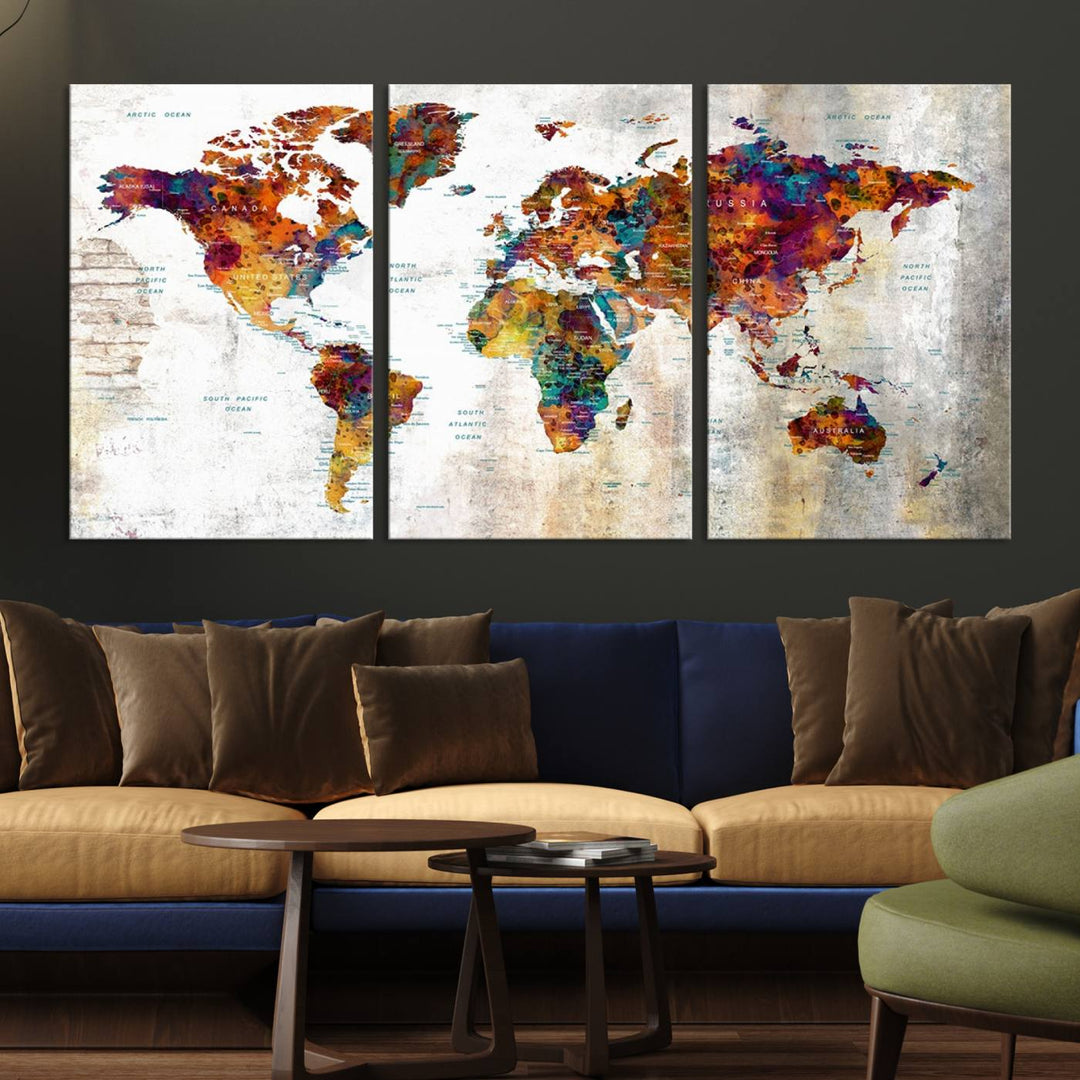 A vibrant Grunge Map Canvas Wall Art Set (3 Panels) for home or office decor, perfect for travel enthusiasts.