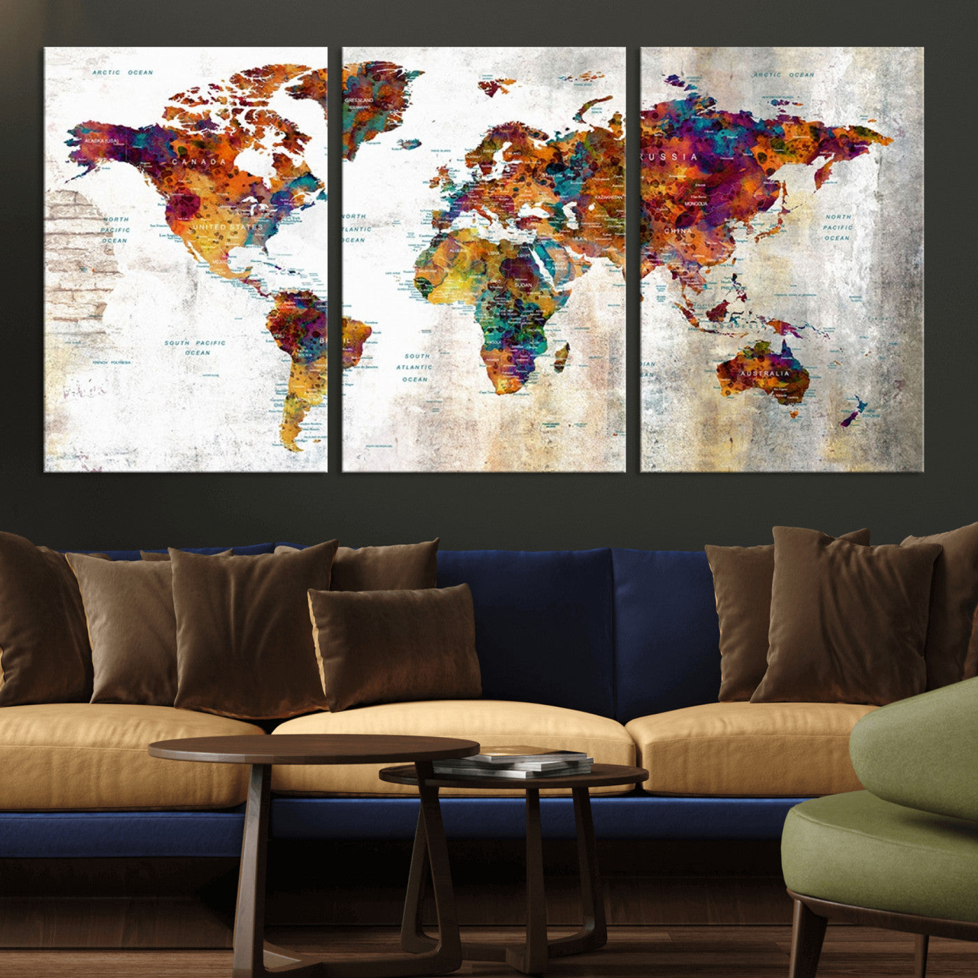 MGV-CV-60X30-3P - Push Pin World Map Canvas Print – Framed Wall Art for Couples to Track Their Travels – Anniversary