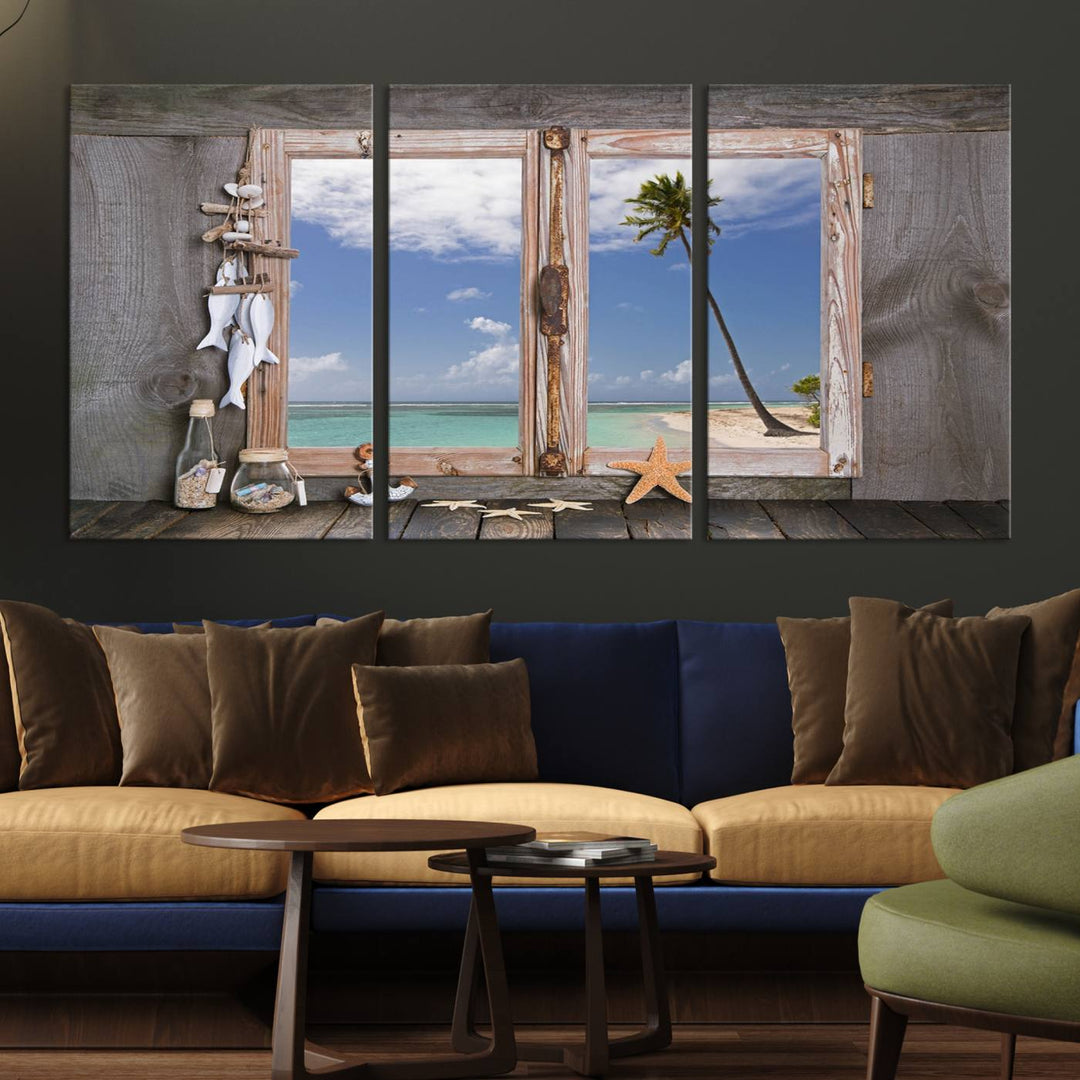 The Window Wall Art Relaxing Beach features seashells and a rustic window frame.