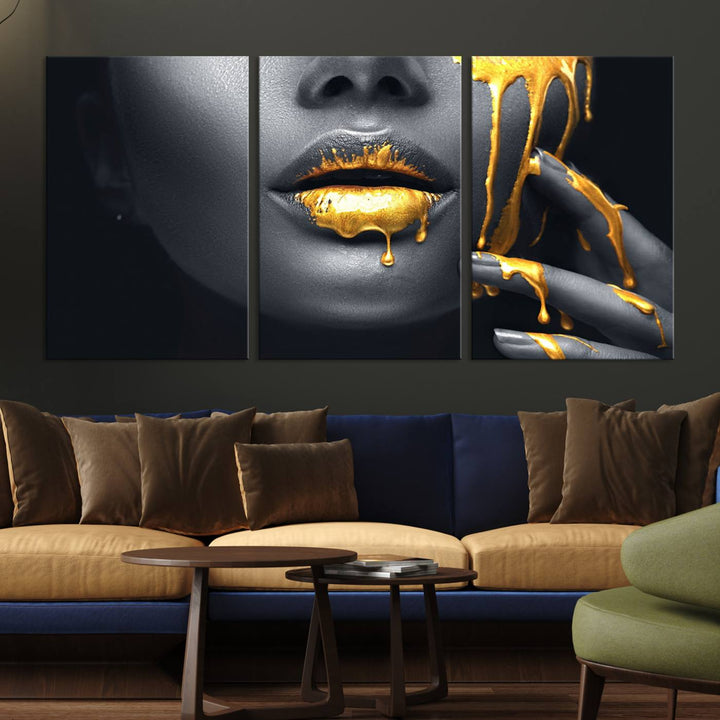 The Gold Lips and Black Woman Makeup Canvas Print features a chic monochrome face design, making it ideal for a modern dining room.