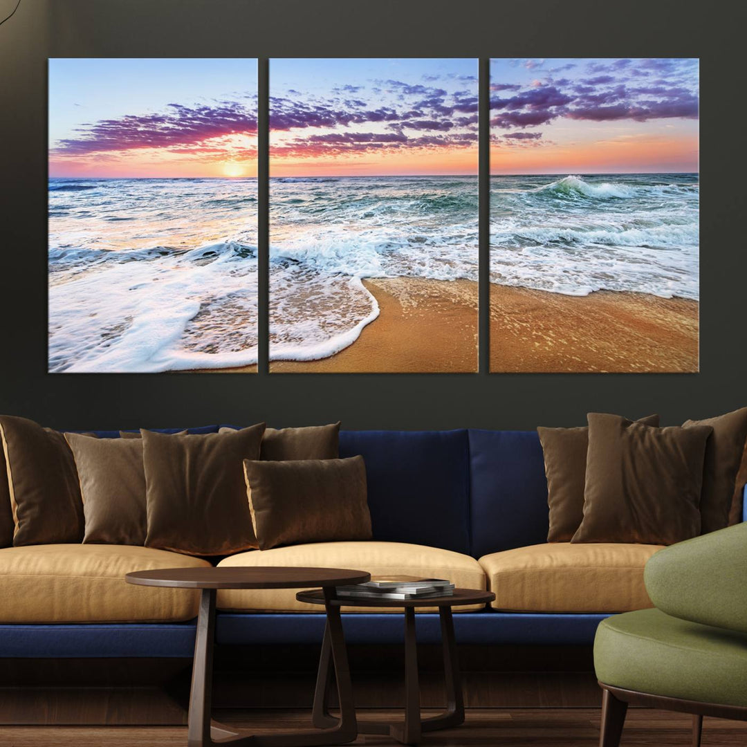 The Tropical Beach Waves Art Print, depicting an ocean sunset and sandy shore, enriches the coastal decor of the dining area.