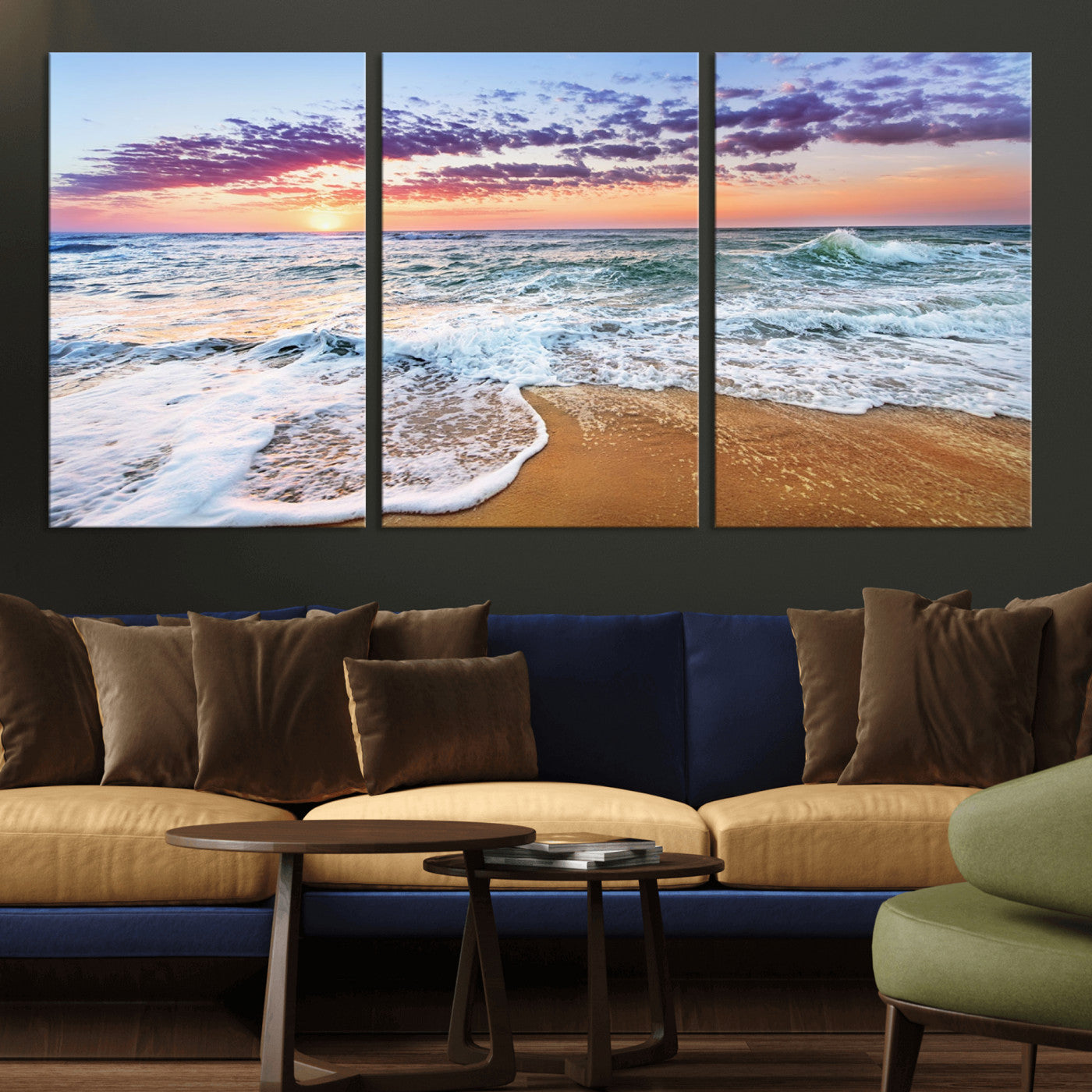 MGV-CV-60X30-3P - Coastal Sunset Art Beach Canvas Wall Art Print | Ocean Waves Wall Art | Large 3-Panel Seascape for