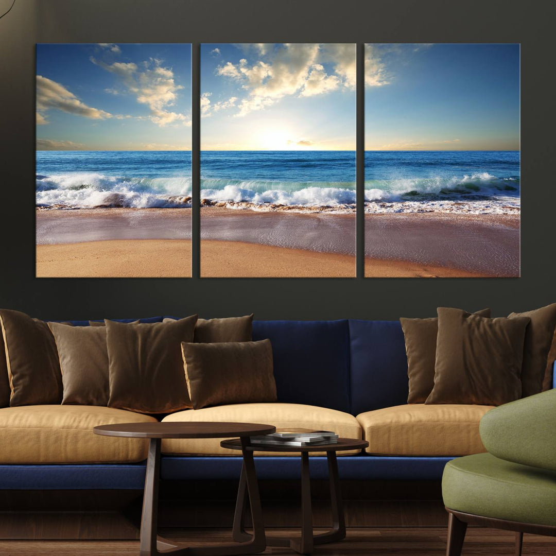 The dining room features a Coastal Tropical Beach Sunset canvas wall art.