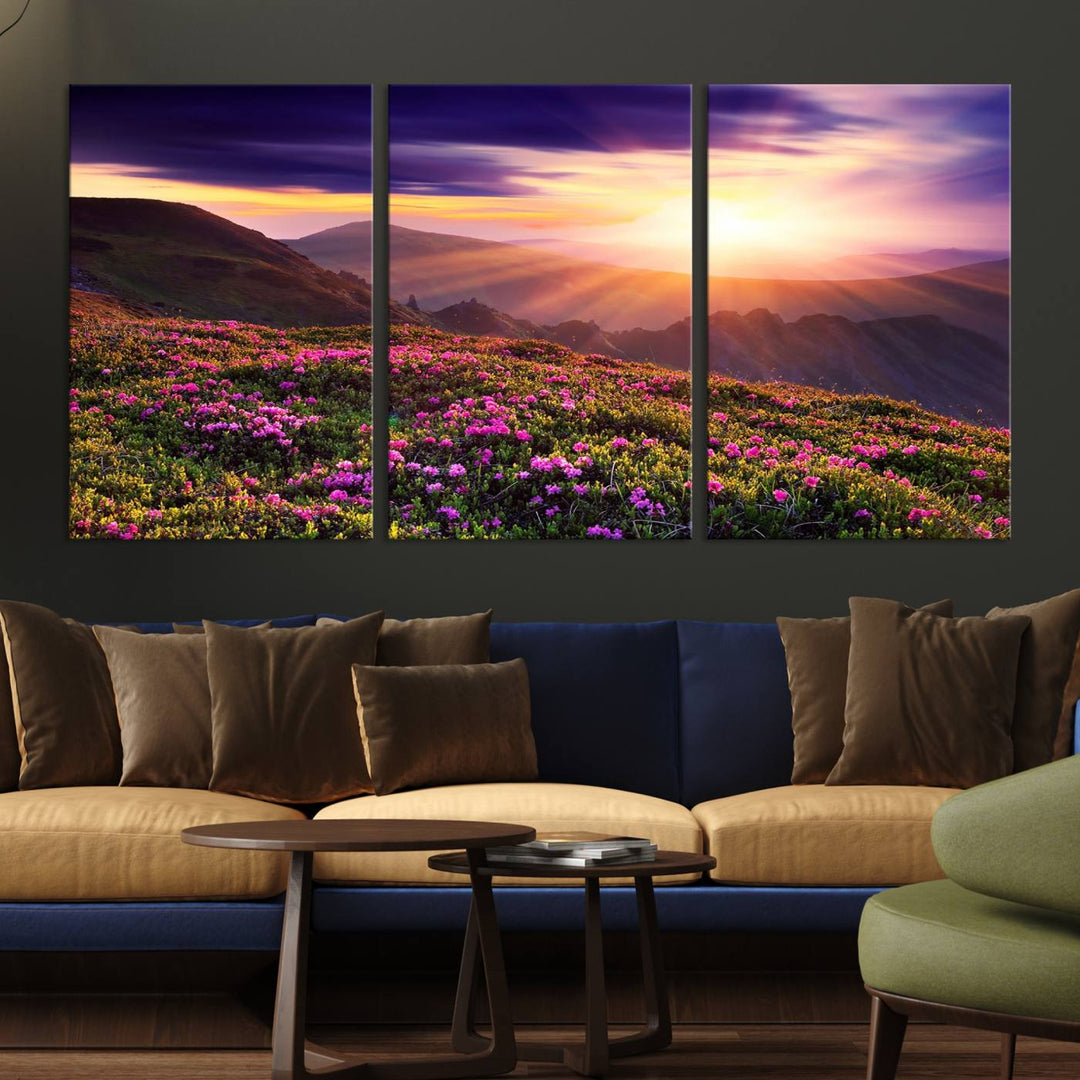 Gallery-wrapped wall art of a stunning mountain sunset and purple flowers.