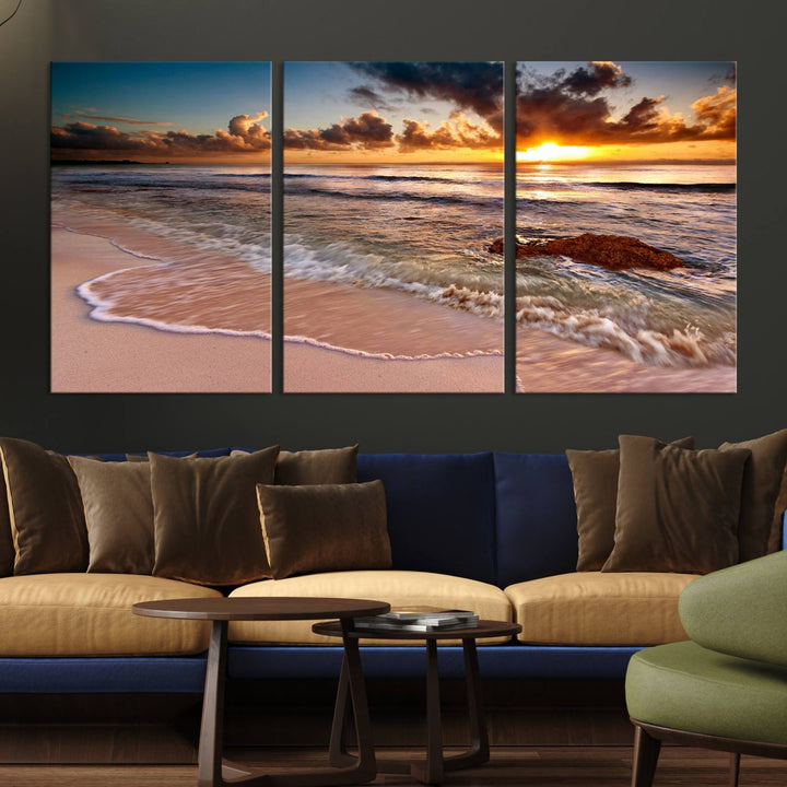 The Sunset on Ocean Wall Art Canvas Print beautifully captures a beach sunset, gentle waves, and a peaceful atmosphere.