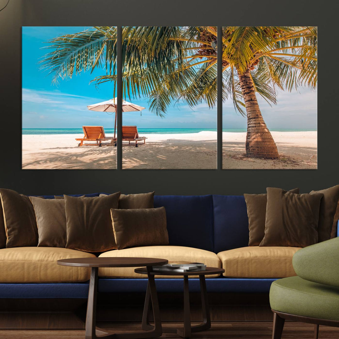 The 3-panel Tropical Beach Wall Art features palm trees and sun loungers, perfect for coastal decor.