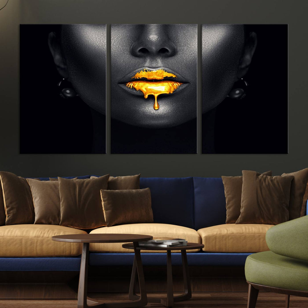 The Honey Gold Lips and Black Woman Photograph canvas print adds a striking touch to the room.