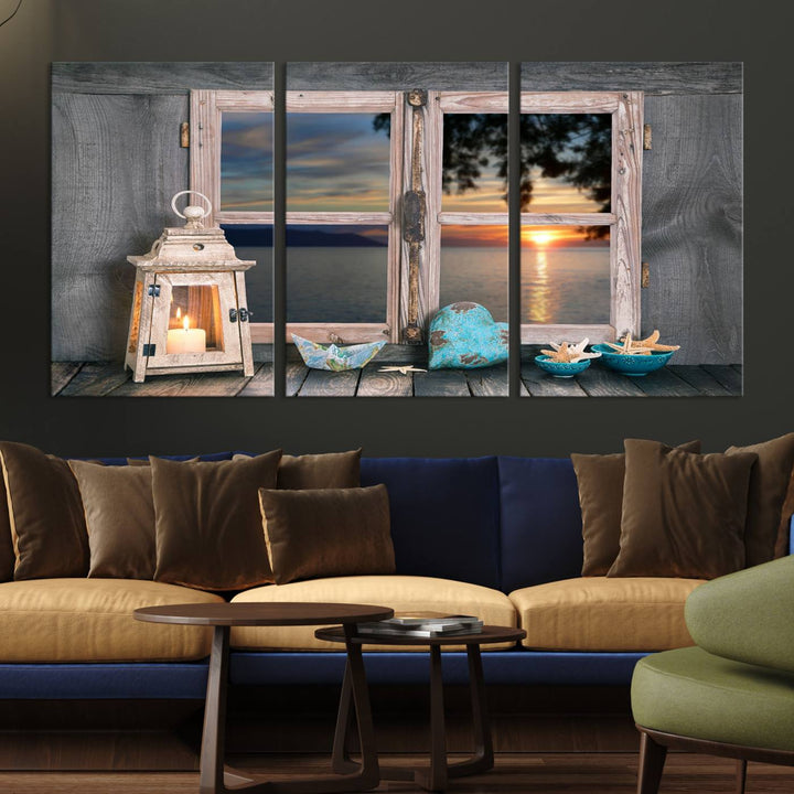 The Astonishing Sunset from the Window canvas print beautifully captures a sea view, accompanied by a lantern and starfish.