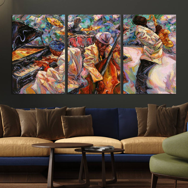 The wall features an African American Jazz Art Music Abstract Painting on Canvas.