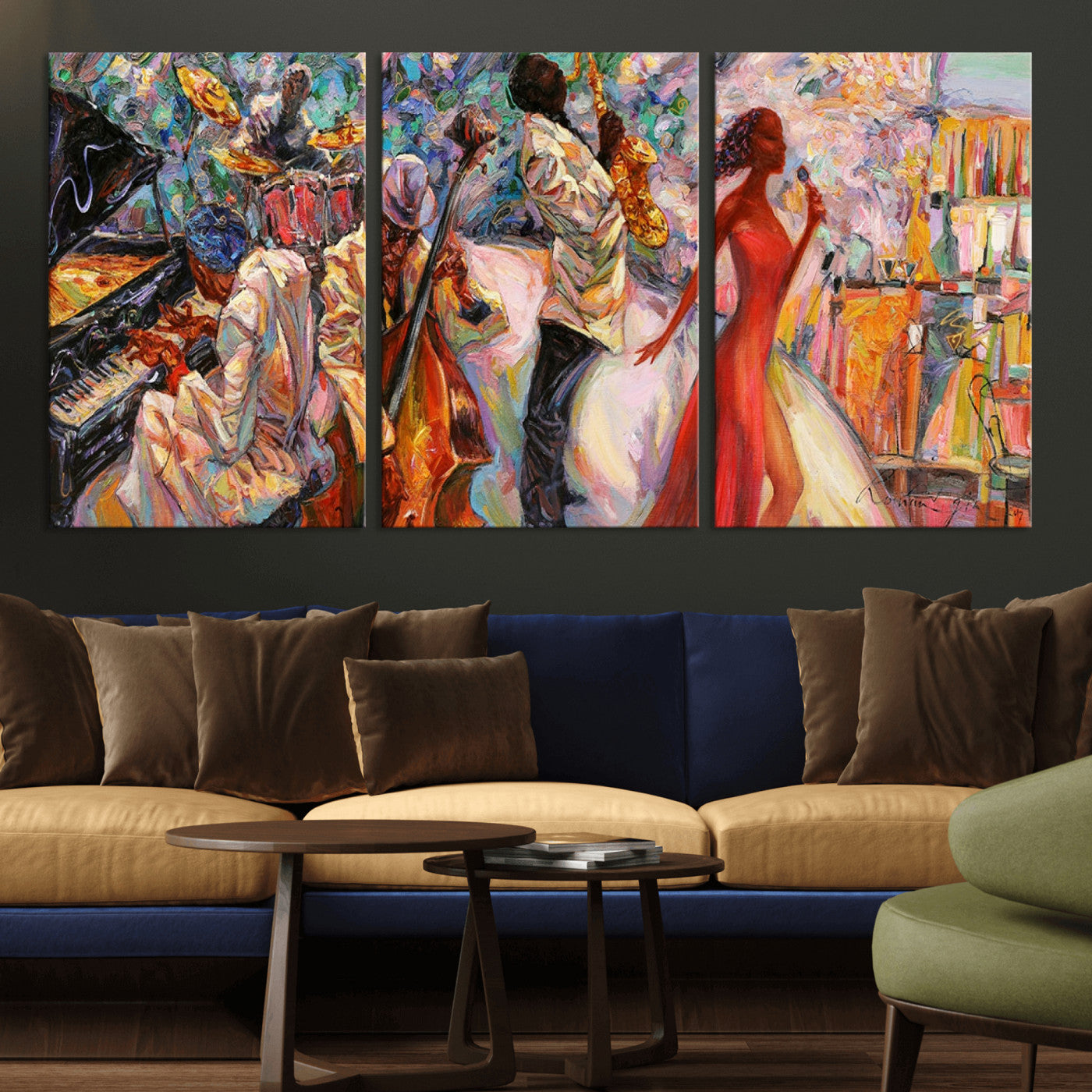 MGV-CV-60X30-3P - Abstract Afro American Jazz Canvas Wall Art | Music-Inspired Painting for Dining Room, Living Room,