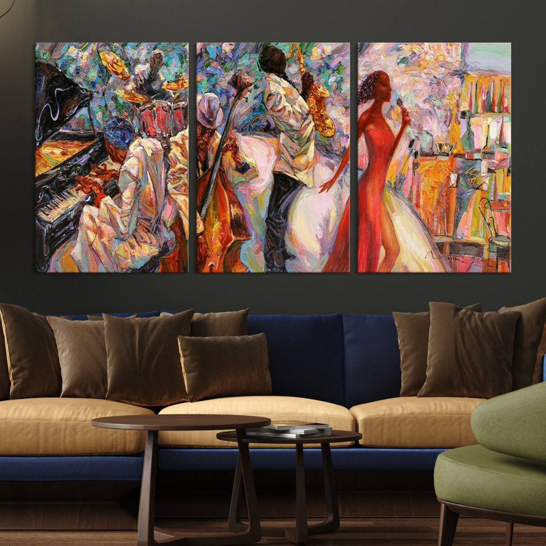 The Abstract Afro American Jazz Canvas captures a vibrant jazz band and showcases a woman dancing in red, making it perfect for dining or music spaces.