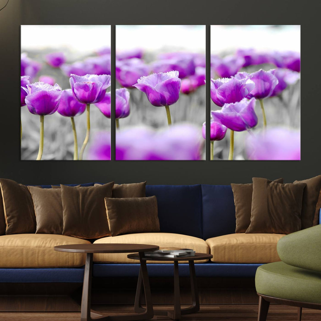 A gallery-wrapped Tulip Fields canvas wall art in a vivid purple hue.