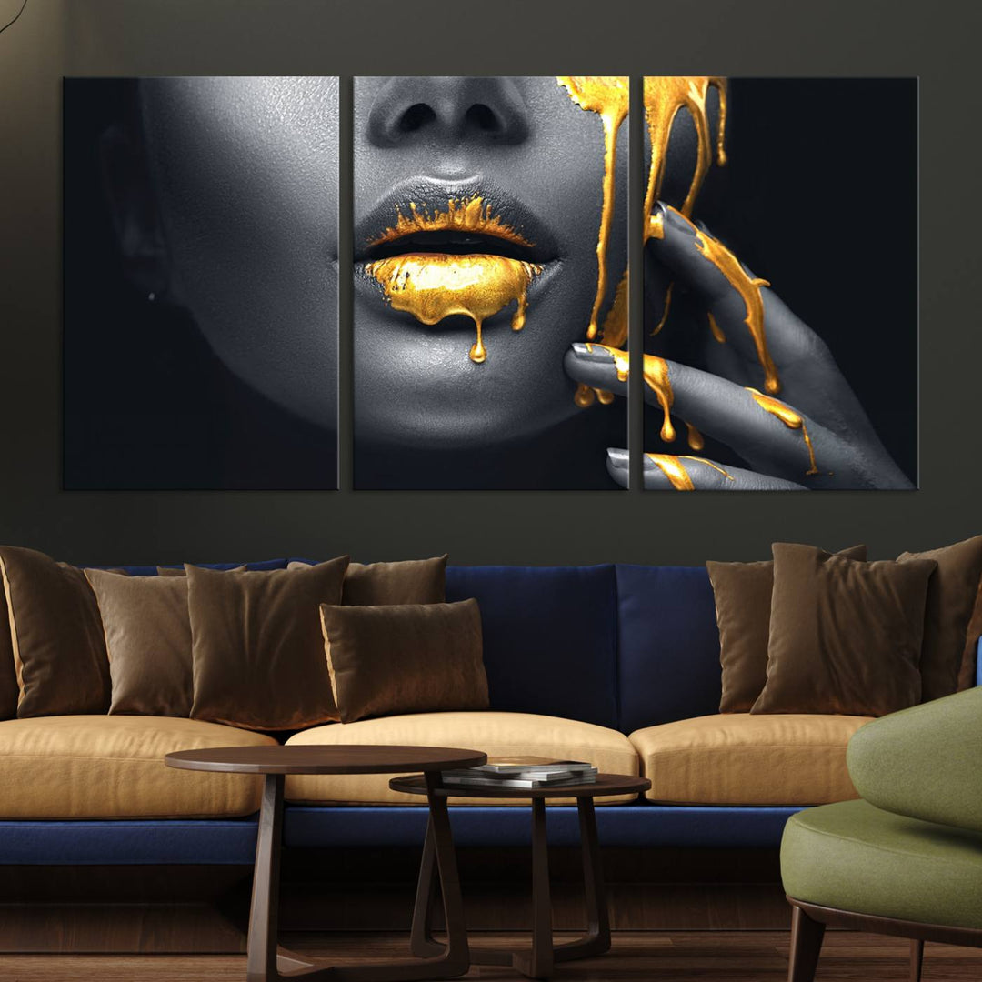 Above the dining area is the Gold Glitter Lips Fashion Makeup canvas wall art.