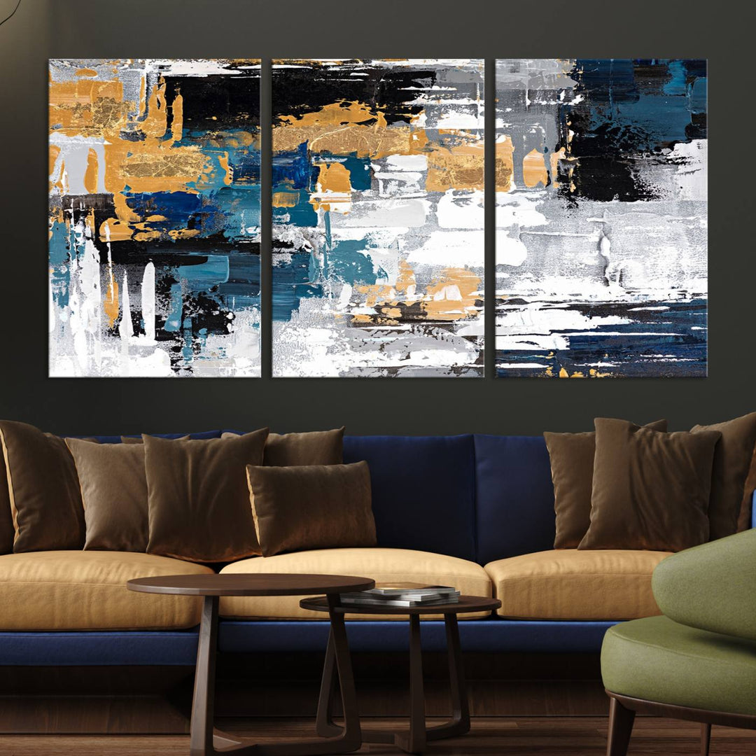 Blue and Gold Abstract Canvas Wall Art hangs prominently.