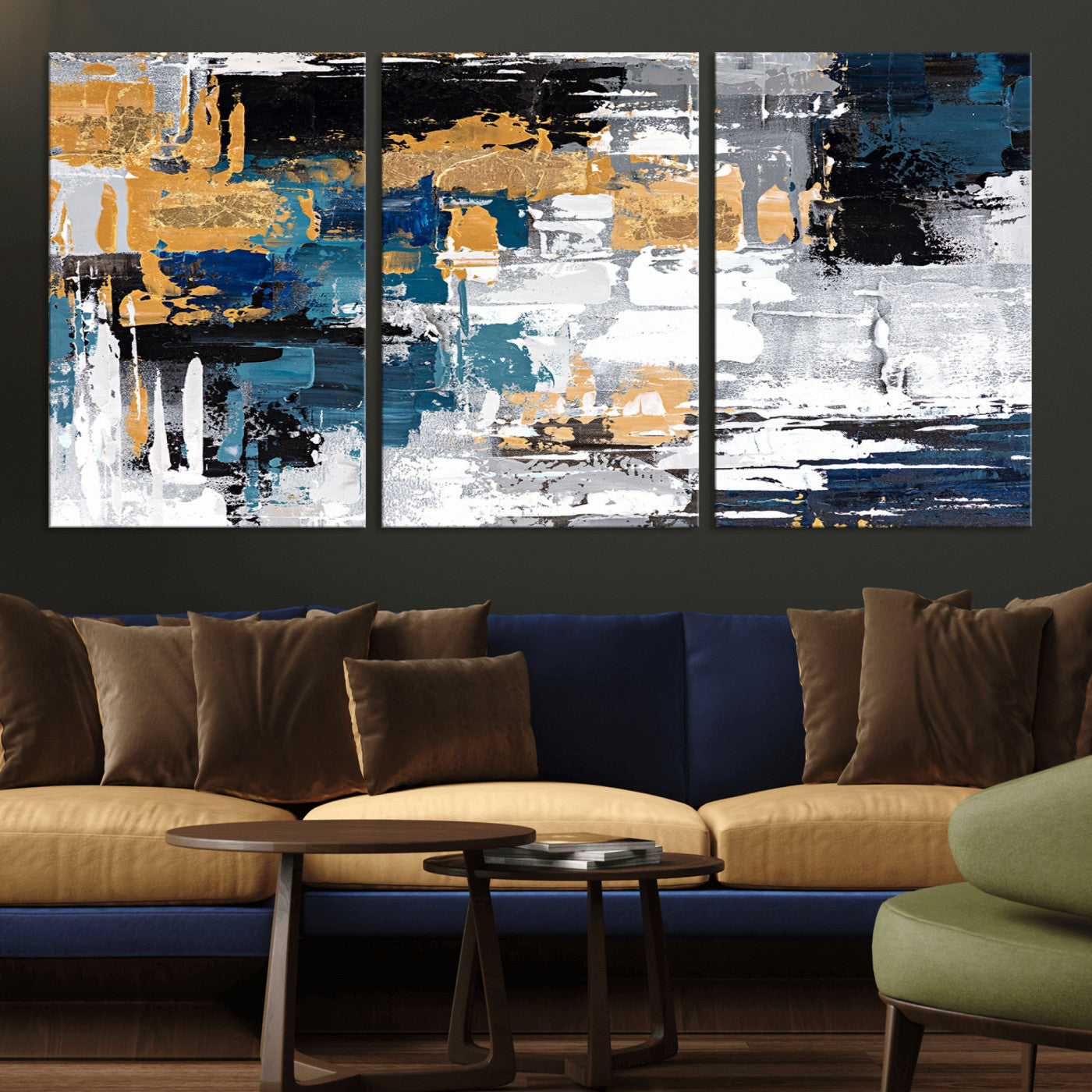 57708-MGV-CV-36X24-Blue and Gold Abstract Canvas Wall Art – Triptych Modern Painting for Living Room – Framed and Ready to Hang
