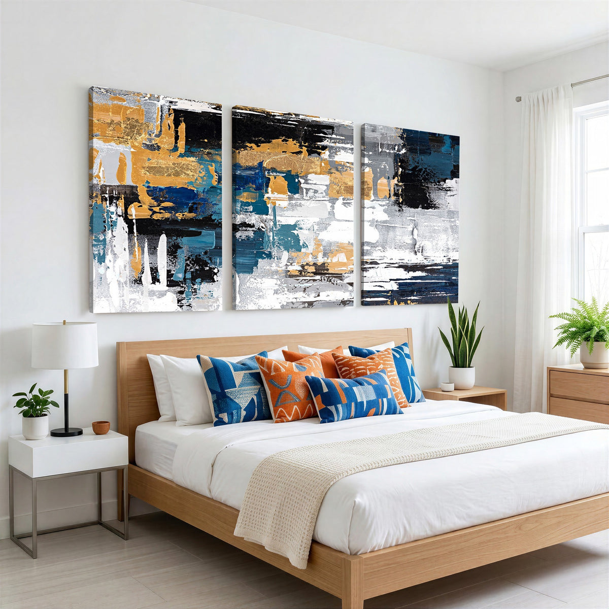 57708-_Poster-30x20 - Blue and Gold Abstract Canvas Wall Art | Triptych Modern Art Print