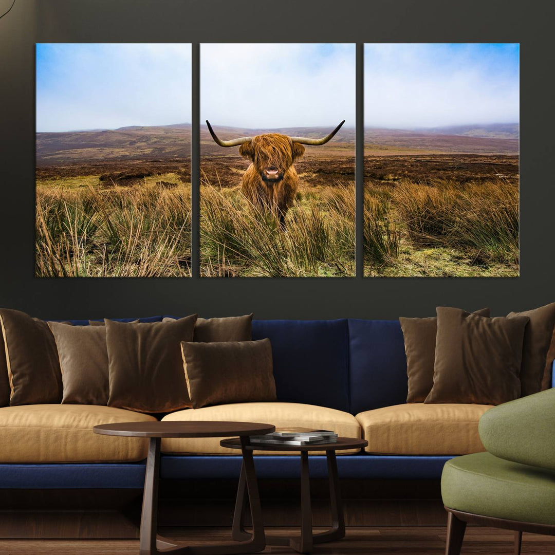 A Scottish Highland Cow art print canvas with UV-protection adorns the wall, preserving vivid details.