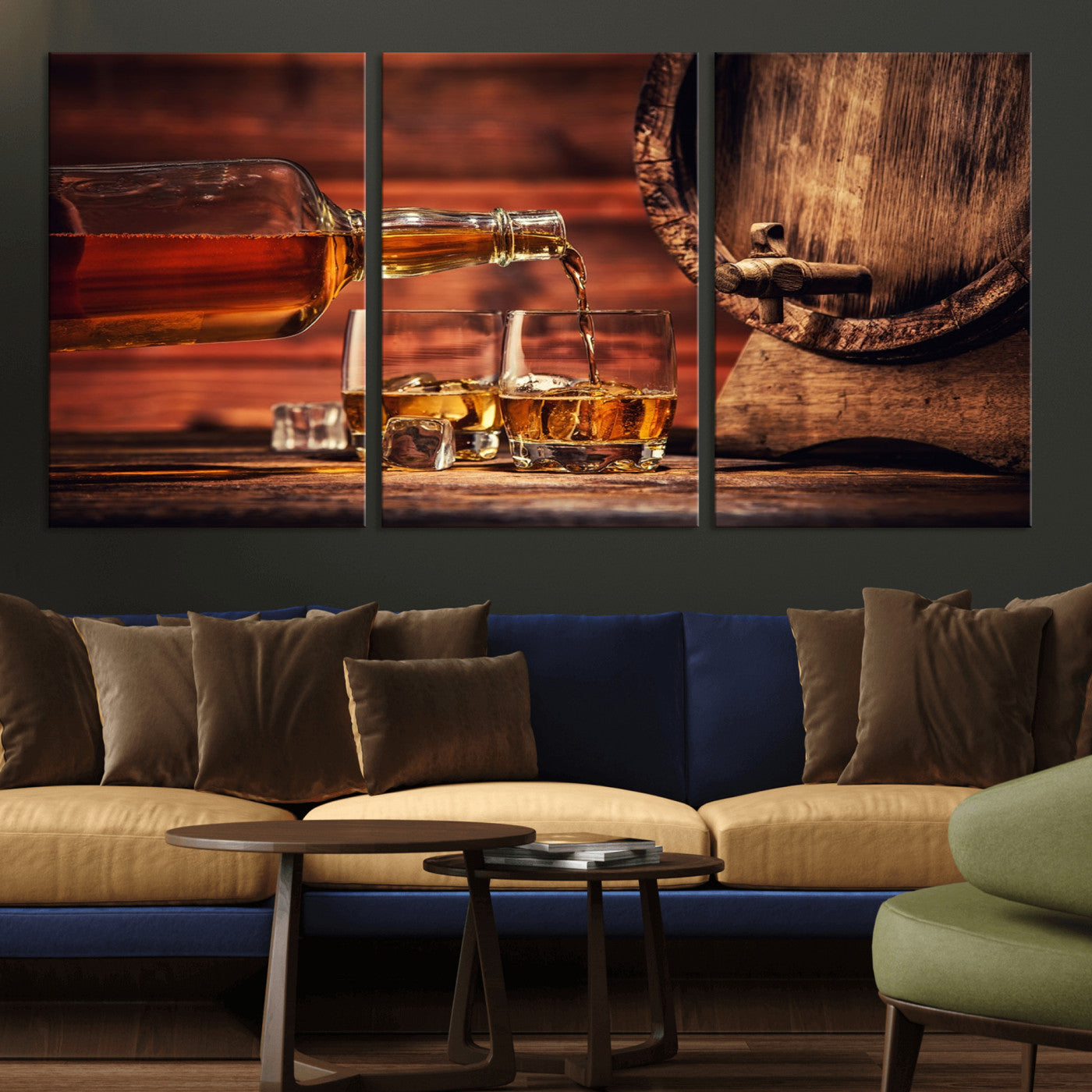 MGV-CV-60X30-3P - Whiskey and Cigar Canvas Wall Art | 3 Panel Bar Room Decor for Home Lounge, Office, or Man Cave |