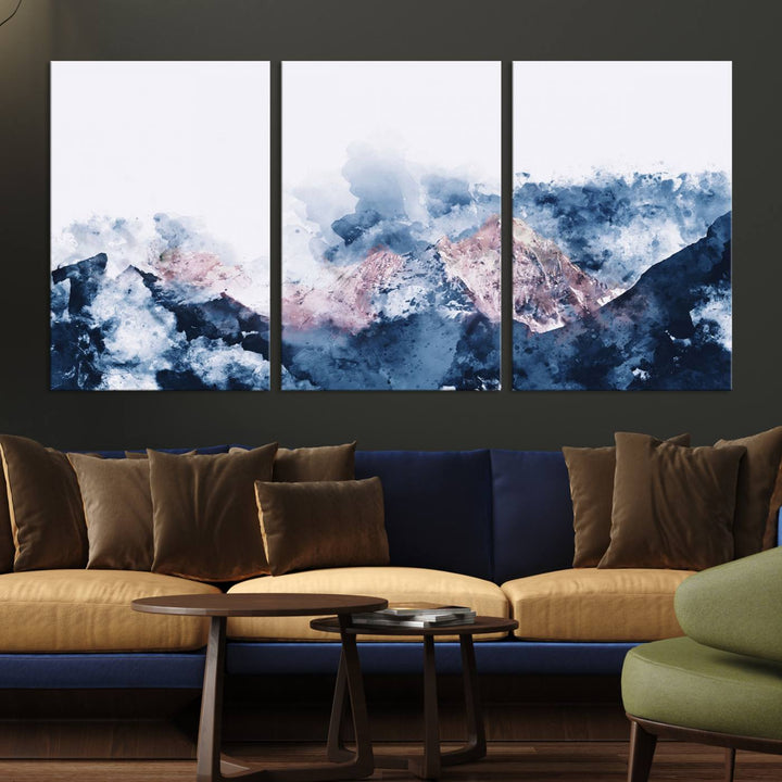 A modern kitchen showcases an Abstract Watercolor Mountain Landscape Art Canvas Print.