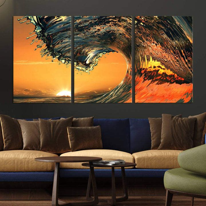 The Ocean Wave With Perfect Sunset canvas wall art adds a striking focal point to the room.