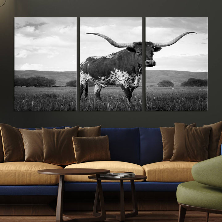 A Black and White Longhorn Texas Cow Canvas Wall Art.