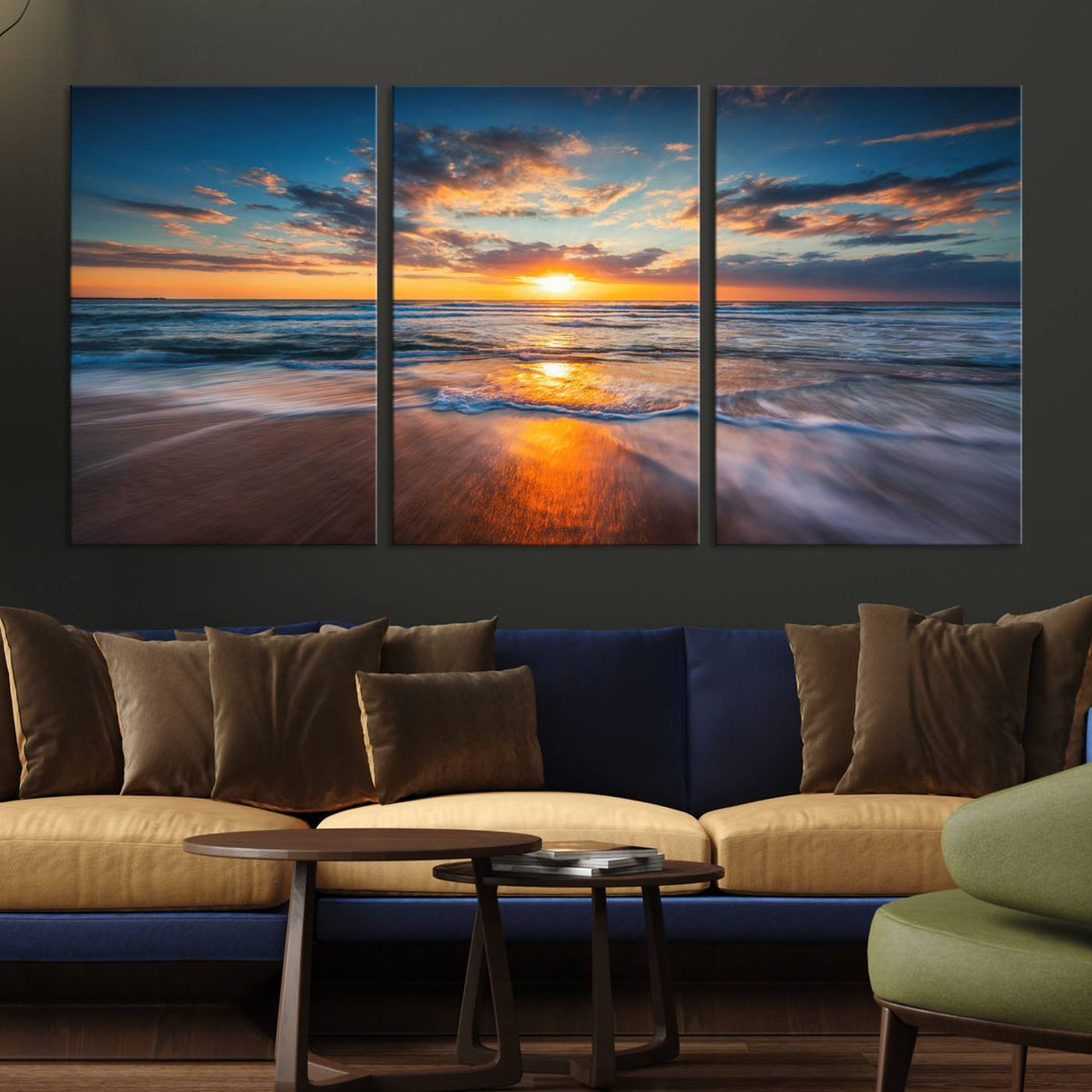 A museum-quality Beautiful Sunset over the Horizon canvas adorns the living room wall.