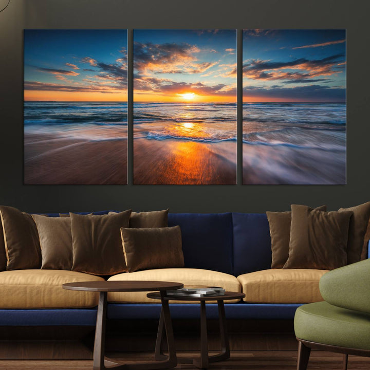 A museum-quality Beautiful Sunset over the Horizon canvas adorns the living room wall.