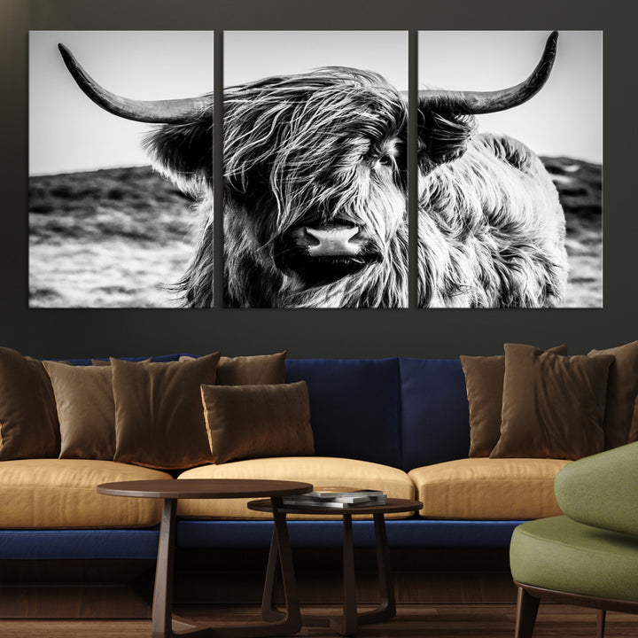 Highland Cow Wall Art | 3-Panel Black and White Highland Cow Canvas Print for Western Farmhouse Decor