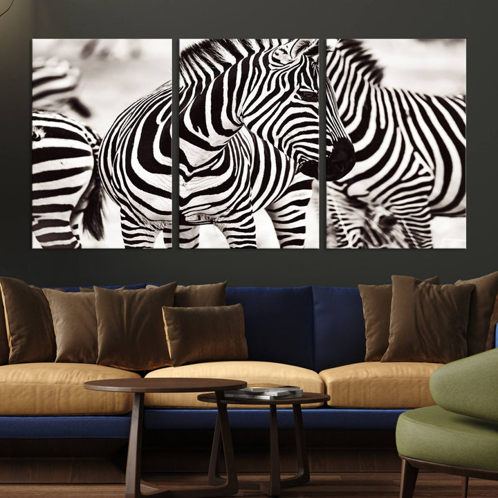 The Brilliant Zebra Photography Art Canvas Print hangs prominently on the wall.