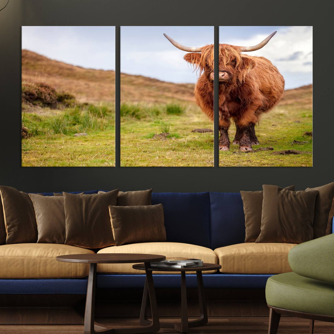 A Highland Cow Animal Canvas Wall Art hangs on the wall, adding warmth to the room.