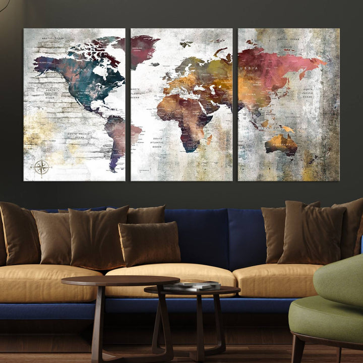 World Map Wall Art Triptych | 3-Panel Canvas Print Featuring Antique Style Map for Living Room, Office, Study, or Home Decor | Vintage Map Wall Art